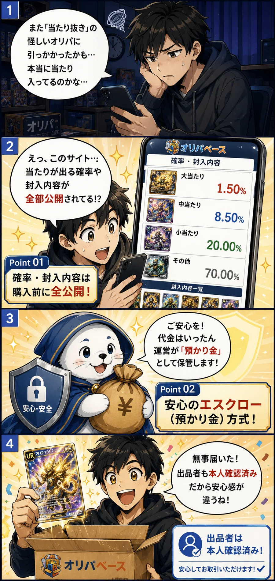 購入者から見たオリパベースの安心感を紹介する4コマ漫画: 確率・封入内容の全公開、エスクロー(預かり金)方式による安心・安全、本人確認済みの出品者との取引